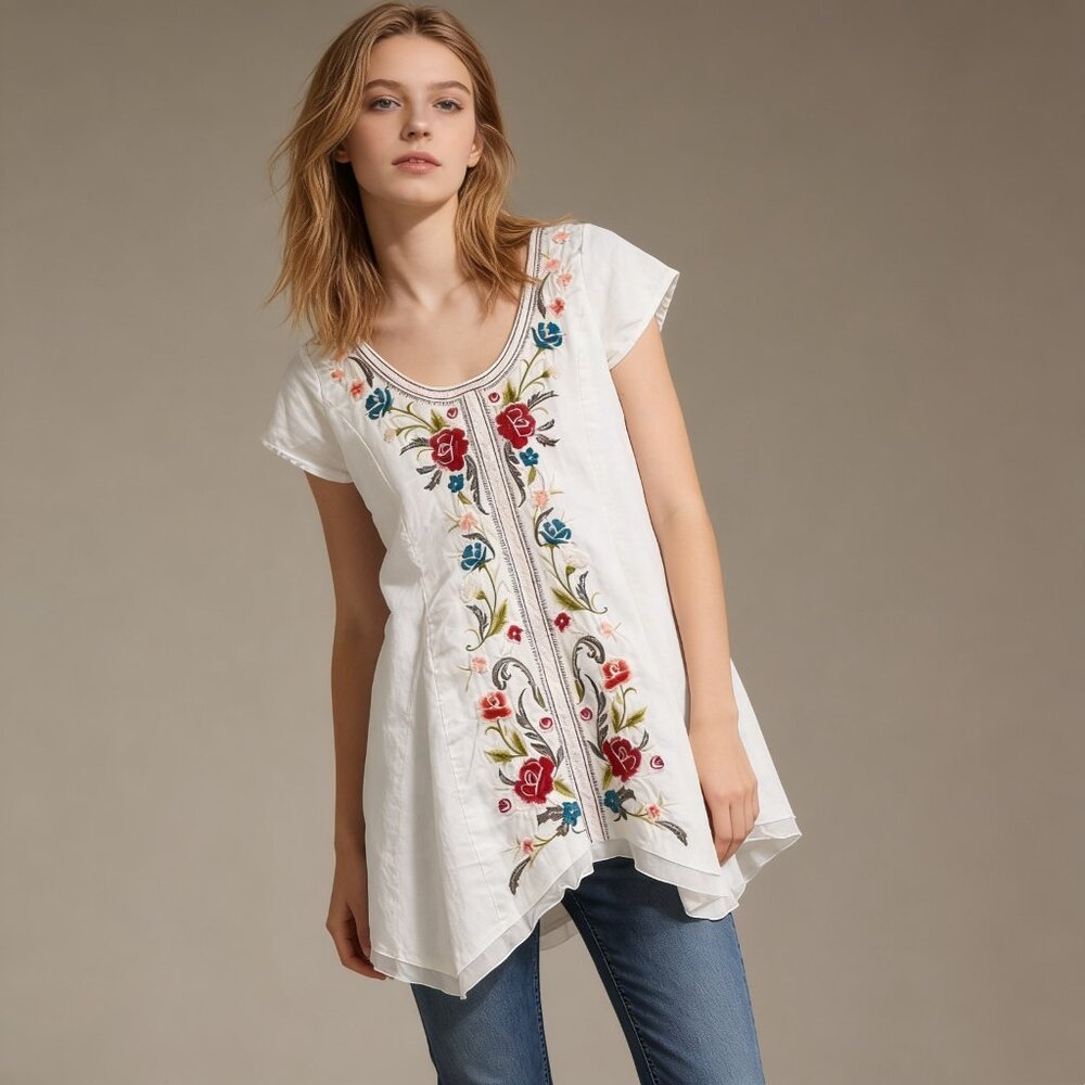 NWOT Johnny Was Embroidered Floral Linen Tunic Boho cream Shirt Blouse Sz S